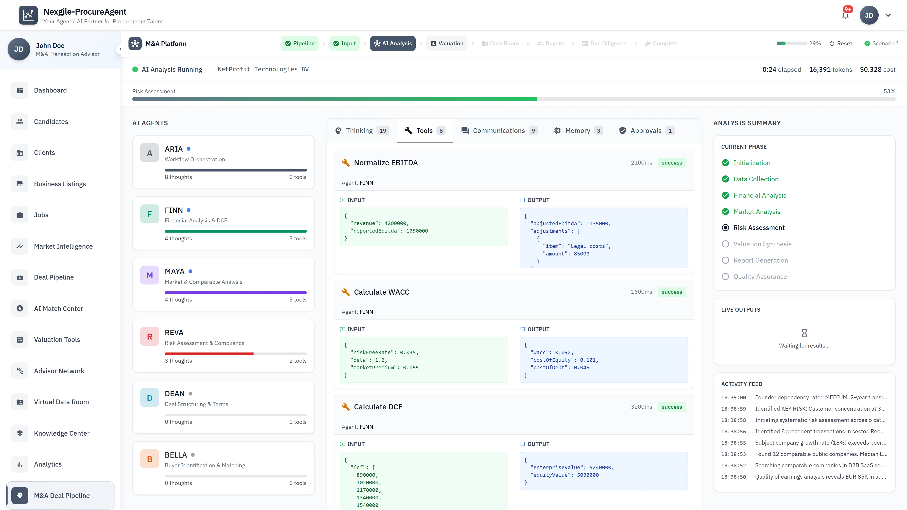 Illustrative preview (sample data, not verified outcomes): AI Analysis Dashboard - Multi-agent orchestration with real-time EBITDA, WACC, and DCF calculations