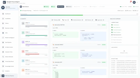 Illustrative preview (sample data, not verified outcomes): AI Analysis Dashboard - Multi-agent orchestration with real-time EBITDA, WACC, and DCF calculations
