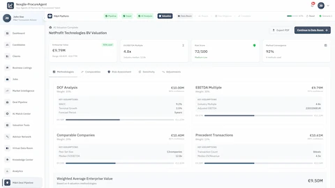 Illustrative preview (sample data, not verified outcomes): Valuation Results - Enterprise value across DCF, EBITDA Multiple, Comparables, and Precedent Transactions
