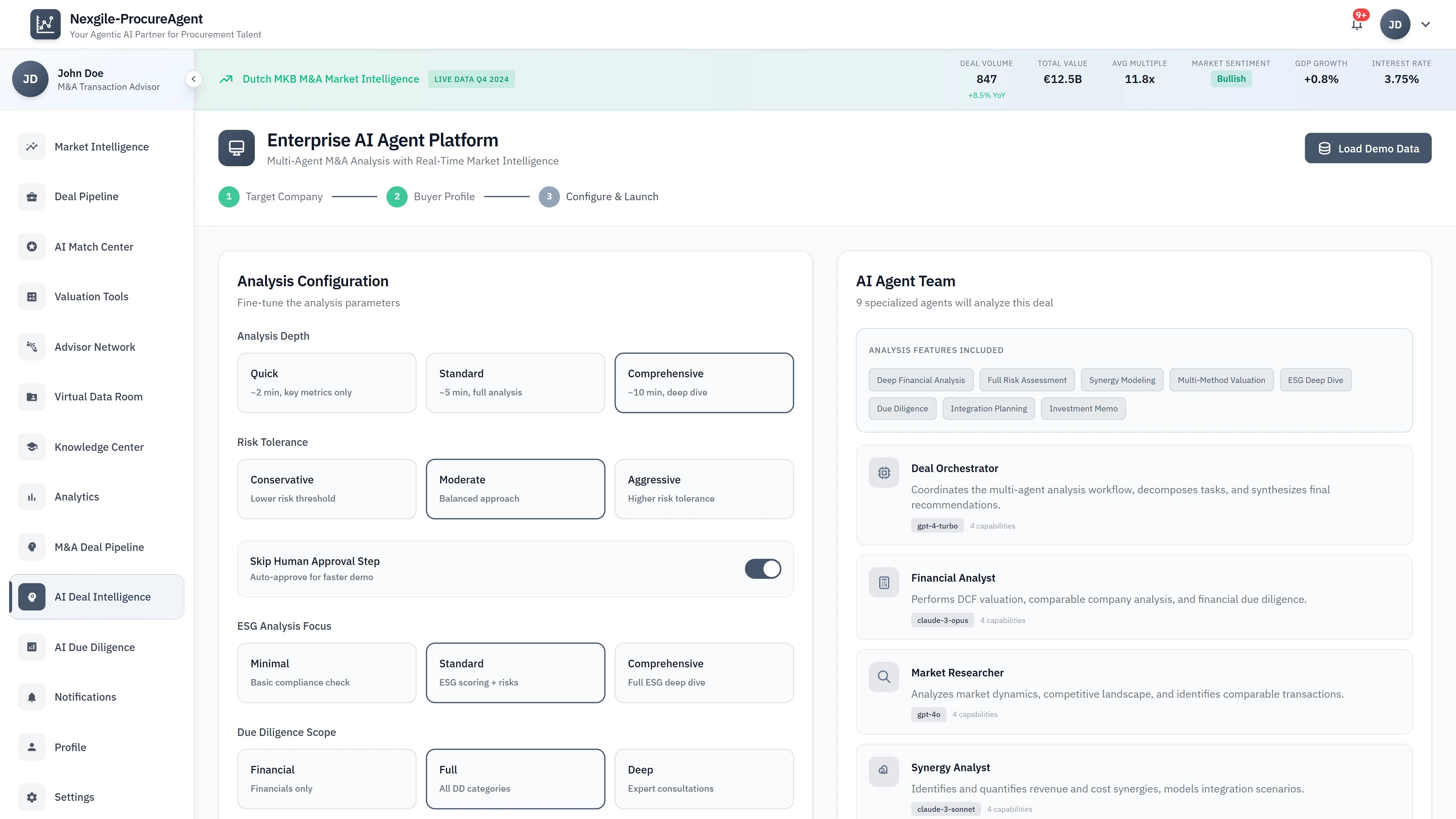 Illustrative preview (sample data, not verified outcomes): Analysis Configuration - Analysis depth, risk tolerance, ESG focus settings, and AI agent team overview