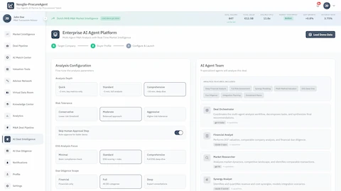 Illustrative preview (sample data, not verified outcomes): Analysis Configuration - Analysis depth, risk tolerance, ESG focus settings, and AI agent team overview