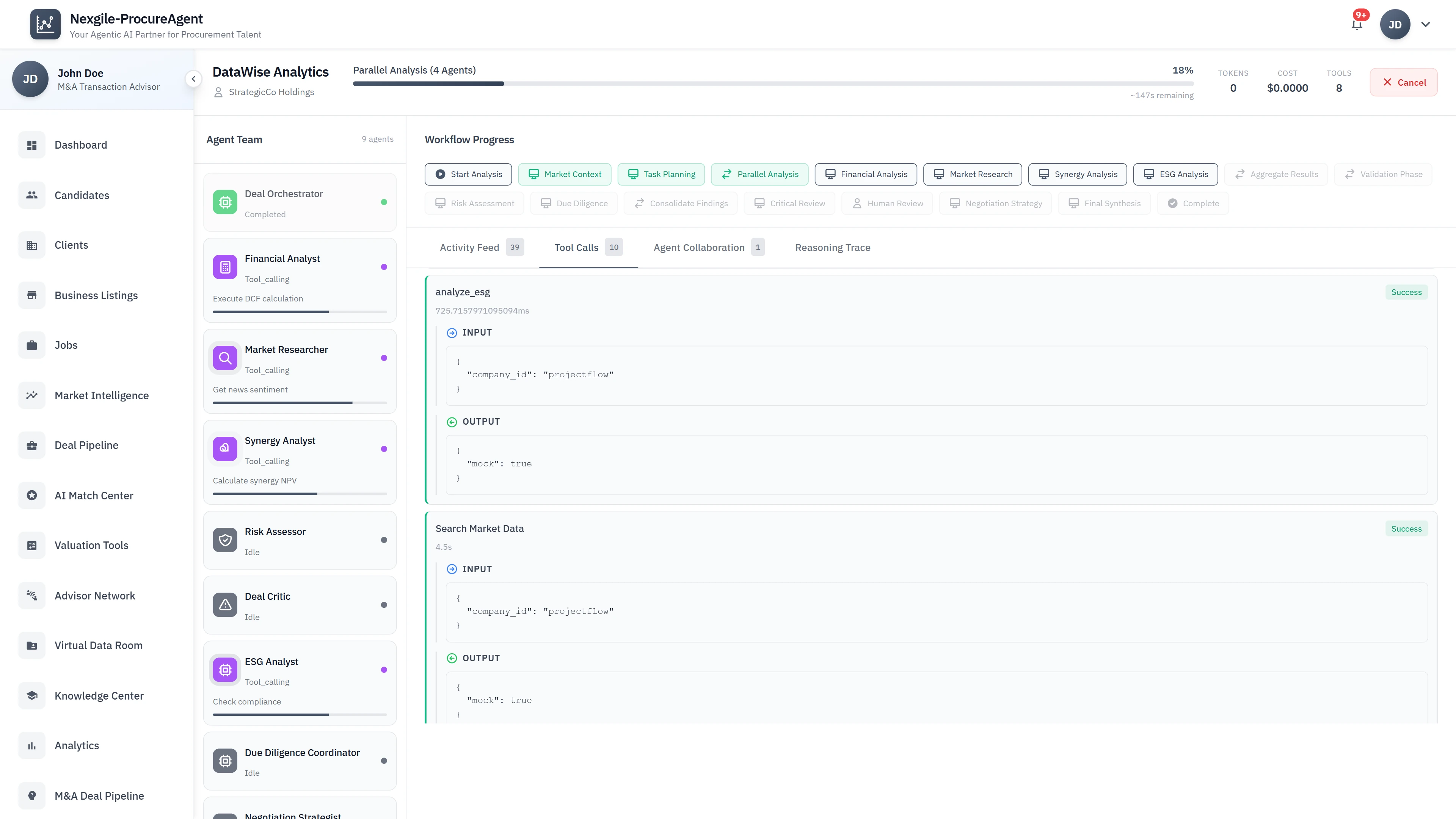 Illustrative preview (sample data, not verified outcomes): Parallel Analysis - 9-agent workflow progress with tool calls, reasoning traces, and real-time outputs