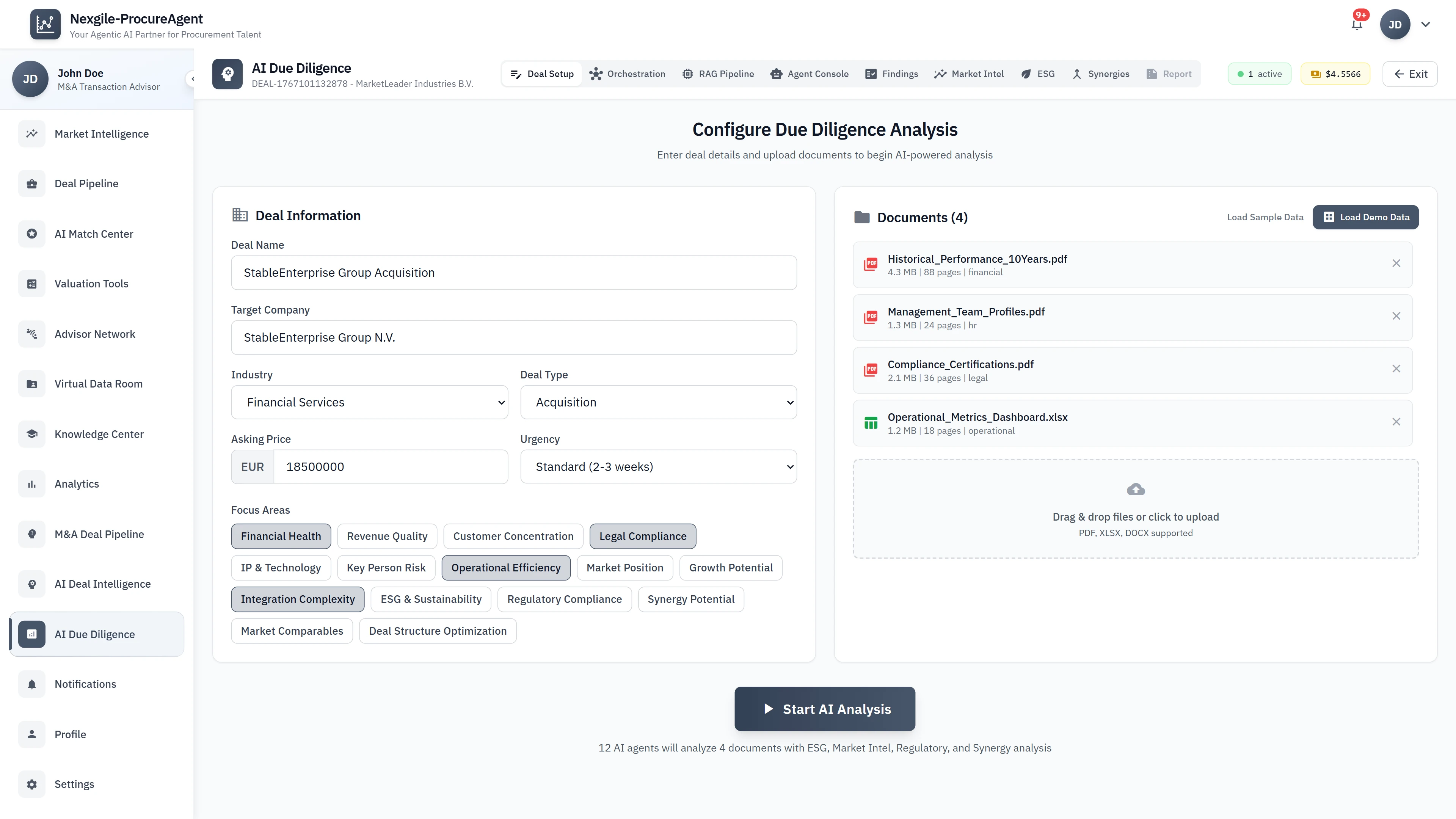 Illustrative preview (sample data, not verified outcomes): Due Diligence Setup - Deal information, document uploads, focus areas, and analysis configuration