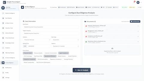 Illustrative preview (sample data, not verified outcomes): Due Diligence Setup - Deal information, document uploads, focus areas, and analysis configuration