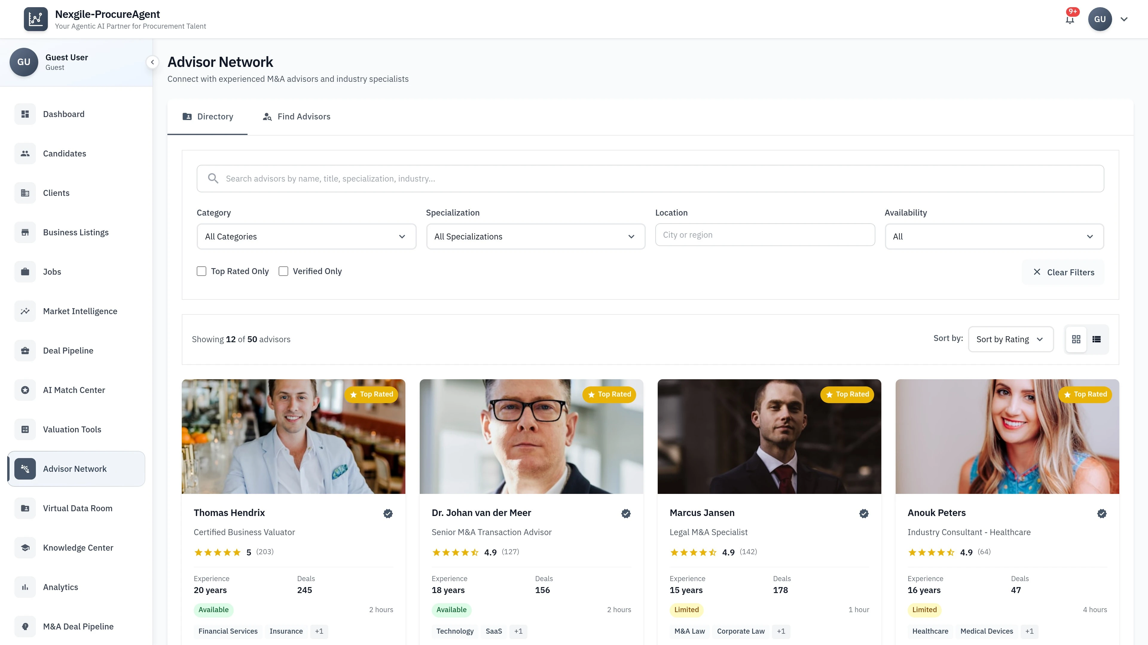 Illustrative preview (sample data, not verified outcomes): Advisor Network - Professional Advisor Directory