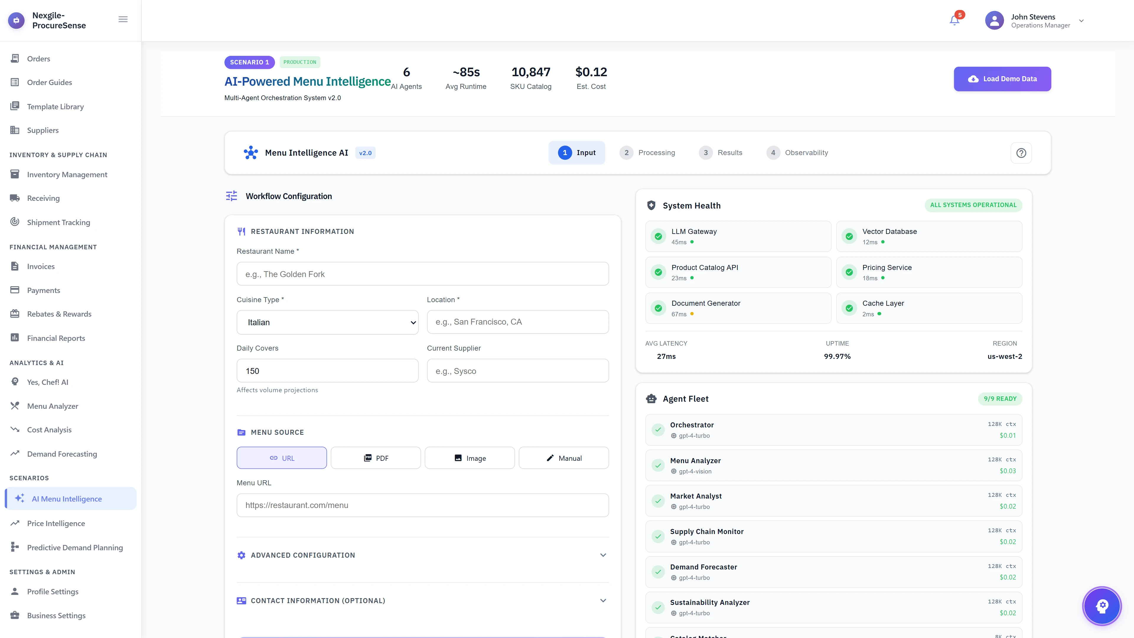 Illustrative preview (sample data, not verified outcomes): Workflow Configuration Screen - Restaurant profile setup with menu source selection, system health monitoring showing all services operational, and agent fleet displaying 9 AI agents ready for menu analysis workflow.