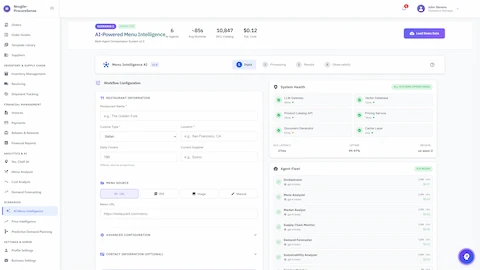 Illustrative preview (sample data, not verified outcomes): Workflow Configuration Screen - Restaurant profile setup with menu source selection, system health monitoring showing all services operational, and agent fleet displaying 9 AI agents ready for menu analysis workflow.