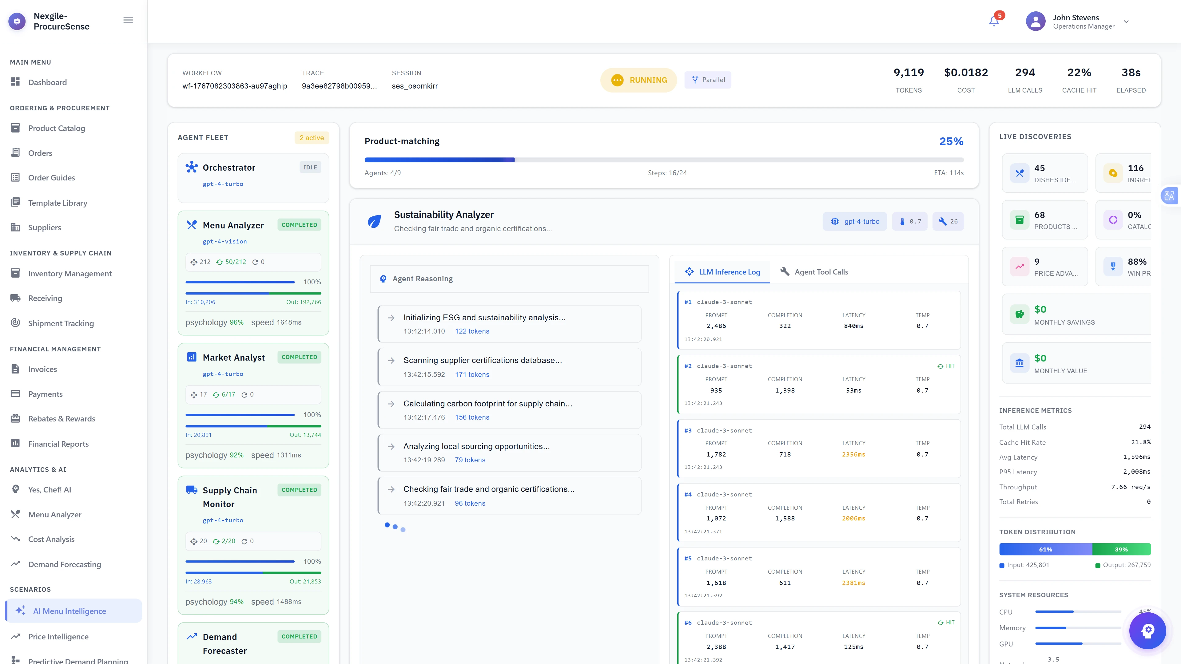 Illustrative preview (sample data, not verified outcomes): Live Multi-Agent Execution - Real-time workflow showing agents processing menu data at 25% completion, with Sustainability Analyzer actively running and live discoveries panel tracking 45 dishes, 116 ingredients, and 68 products identified.