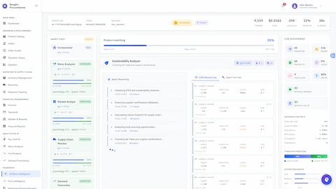 Illustrative preview (sample data, not verified outcomes): Live Multi-Agent Execution - Real-time workflow showing agents processing menu data at 25% completion, with Sustainability Analyzer actively running and live discoveries panel tracking 45 dishes, 116 ingredients, and 68 products identified.