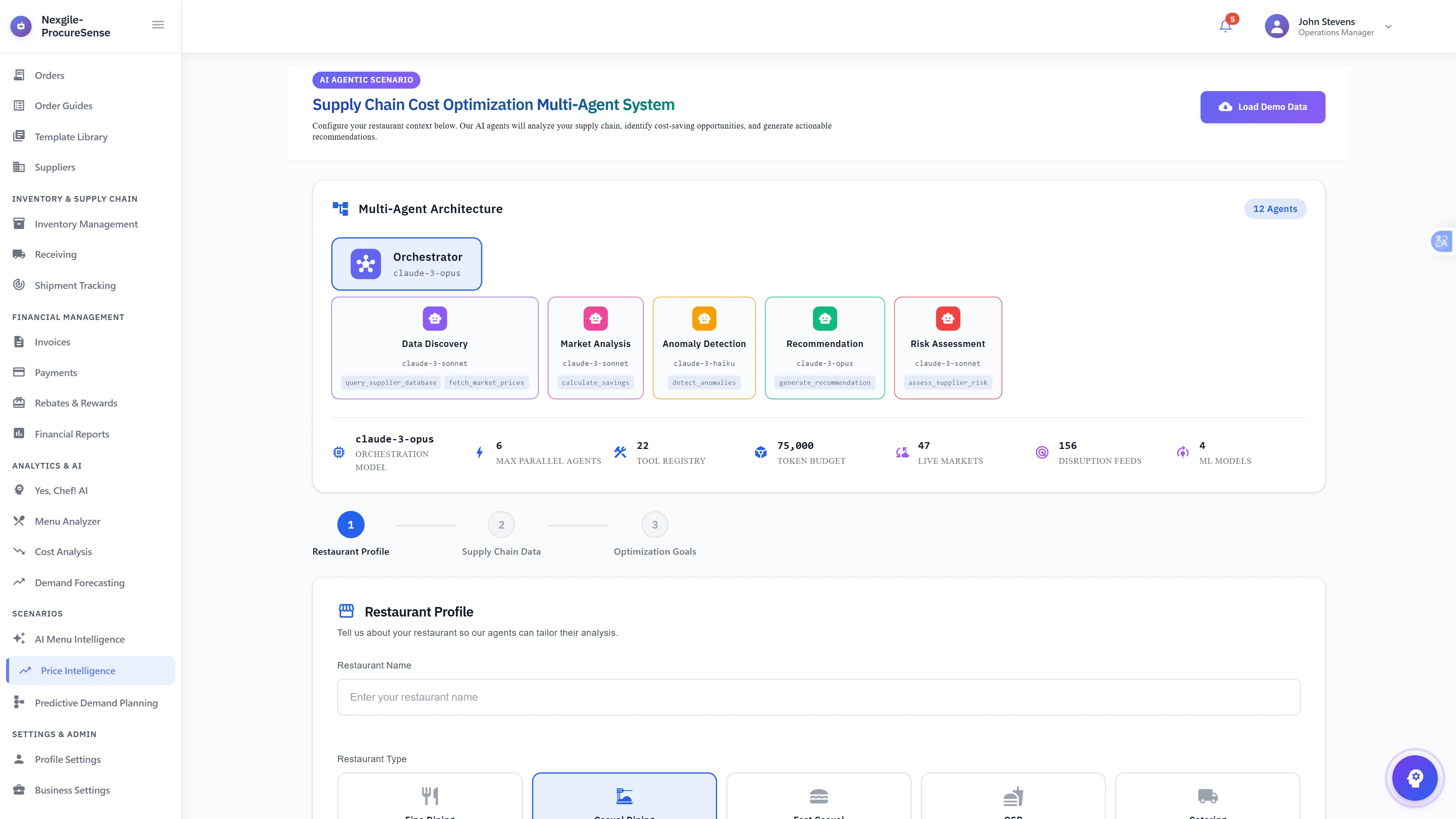 Illustrative preview (sample data, not verified outcomes): Multi-Agent Architecture Overview - System configuration showing 12 specialized AI agents (Orchestrator, Data Discovery, Market Analysis, Anomaly Detection, Recommendation, Risk Assessment) with architecture diagram, system specifications, and restaurant profile setup step.