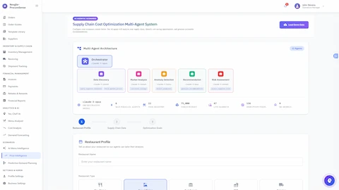 Illustrative preview (sample data, not verified outcomes): Multi-Agent Architecture Overview - System configuration showing 12 specialized AI agents (Orchestrator, Data Discovery, Market Analysis, Anomaly Detection, Recommendation, Risk Assessment) with architecture diagram, system specifications, and restaurant profile setup step.