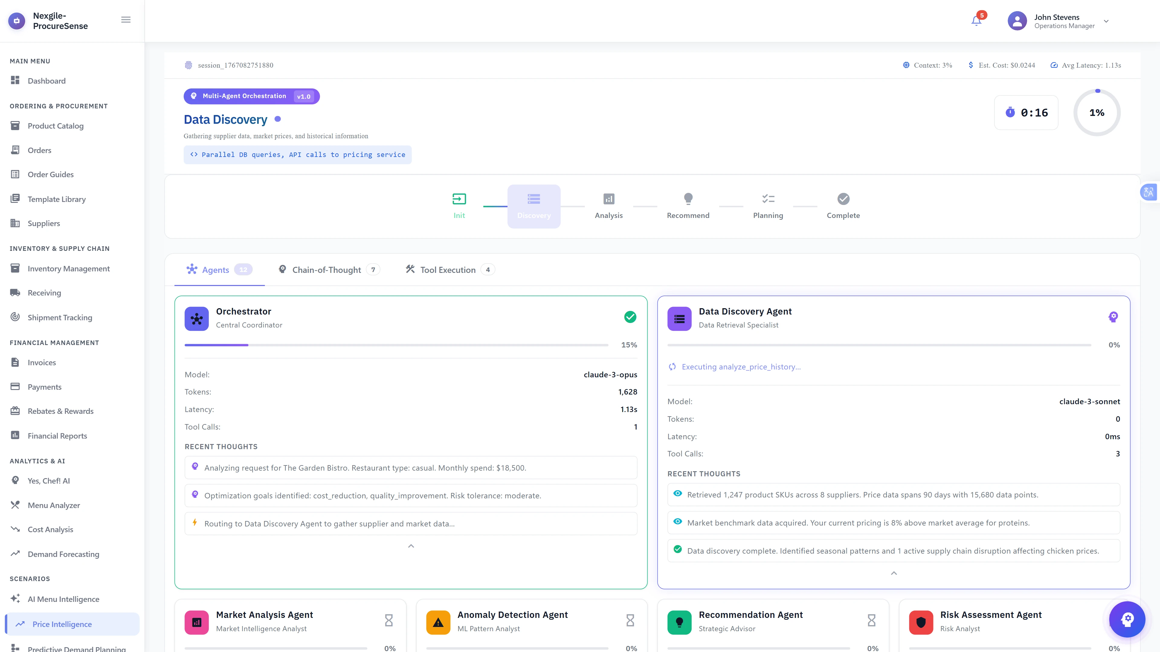 Illustrative preview (sample data, not verified outcomes): Live Data Discovery Execution - Real-time agent orchestration with Orchestrator routing tasks to Data Discovery Agent, showing retrieval of 1,247 product SKUs across 8 suppliers with market benchmark data and live system metrics.