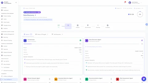Illustrative preview (sample data, not verified outcomes): Live Data Discovery Execution - Real-time agent orchestration with Orchestrator routing tasks to Data Discovery Agent, showing retrieval of 1,247 product SKUs across 8 suppliers with market benchmark data and live system metrics.
