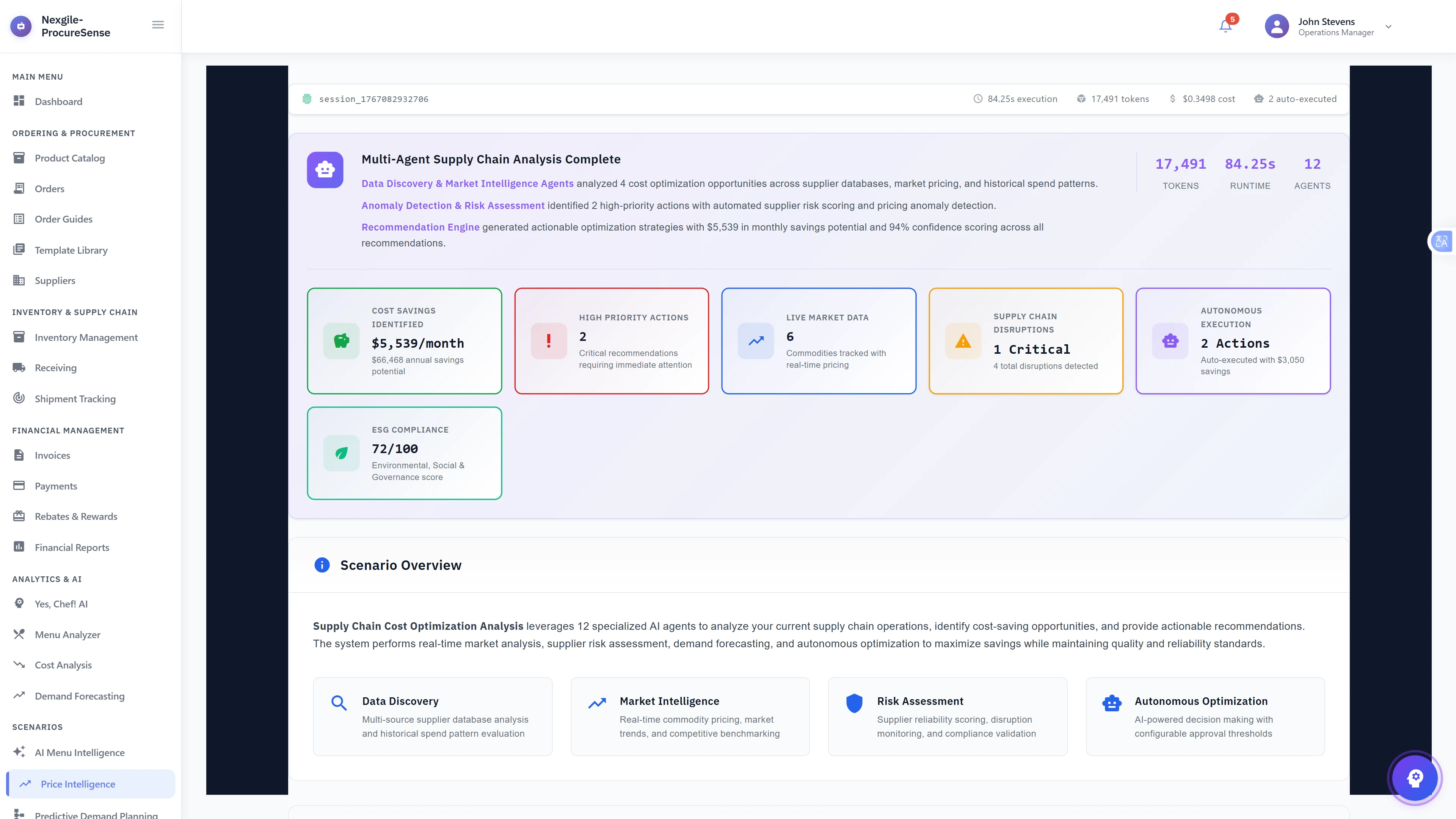 Illustrative preview (sample data, not verified outcomes): Supply Chain Analysis Results - Completion dashboard displaying $5,539/month cost savings identified, 2 high-priority actions, 1 critical disruption, 2 autonomous actions executed, 72/100 ESG compliance score, and scenario overview with capability descriptions.