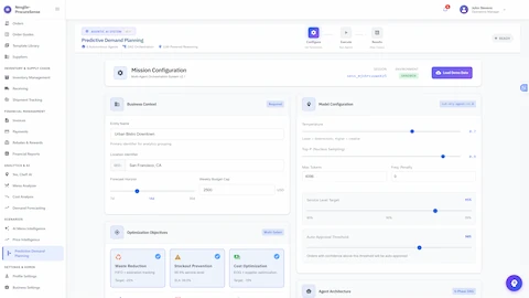 Illustrative preview (sample data, not verified outcomes): Mission Configuration Screen - Setup interface showing business context inputs, model configuration settings, optimization objectives selection (waste reduction, stockout prevention, cost optimization), and 6-phase agent architecture overview.