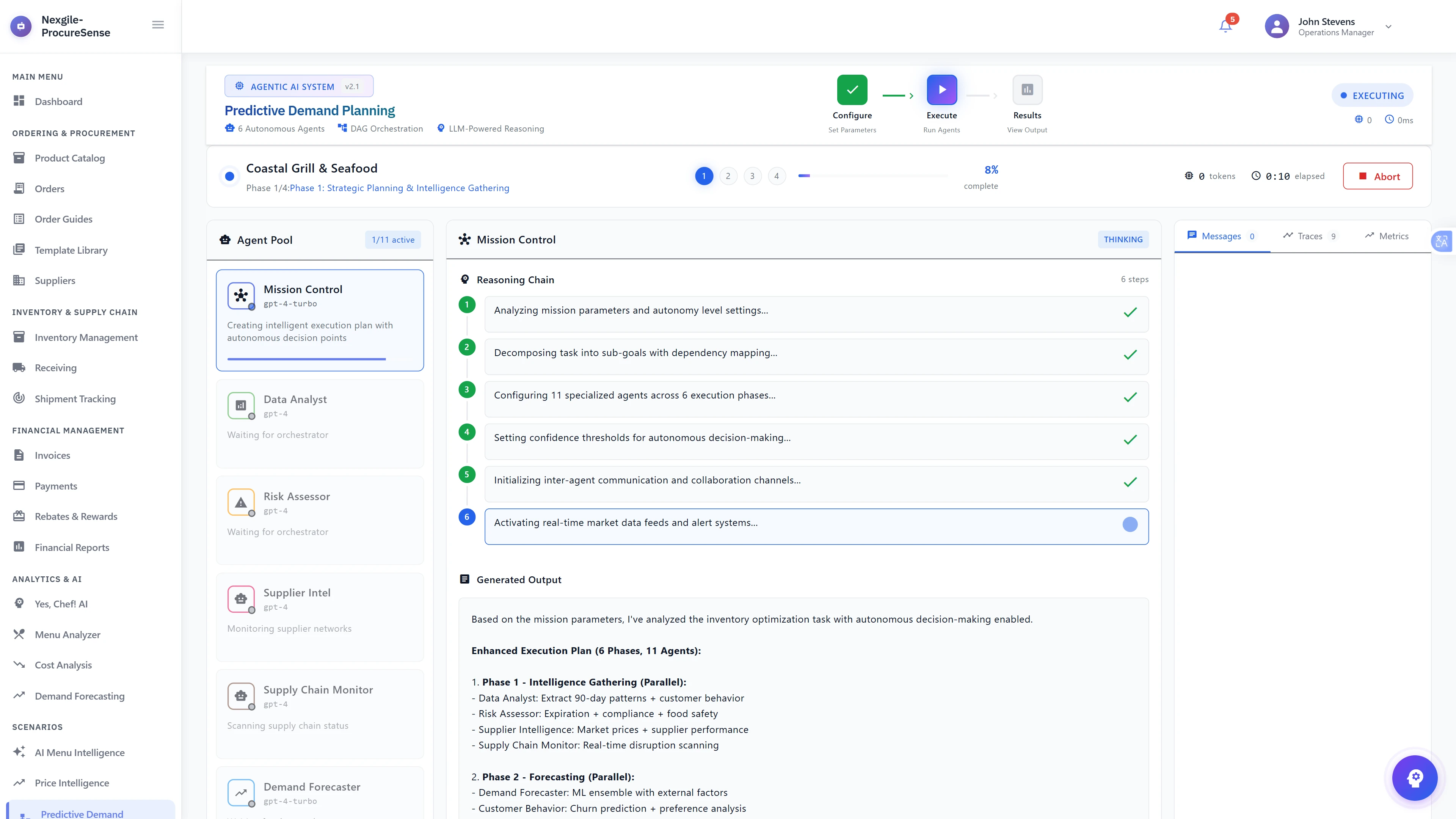 Illustrative preview (sample data, not verified outcomes): Live Mission Execution - Real-time orchestration at Phase 1 (8% complete) for Coastal Grill & Seafood with Mission Control agent coordinating workflow and reasoning chain showing 6 completed steps including mission analysis and agent configuration.