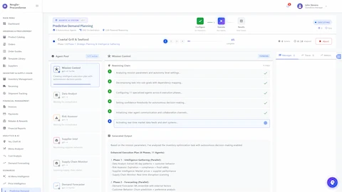 Illustrative preview (sample data, not verified outcomes): Live Mission Execution - Real-time orchestration at Phase 1 (8% complete) for Coastal Grill & Seafood with Mission Control agent coordinating workflow and reasoning chain showing 6 completed steps including mission analysis and agent configuration.