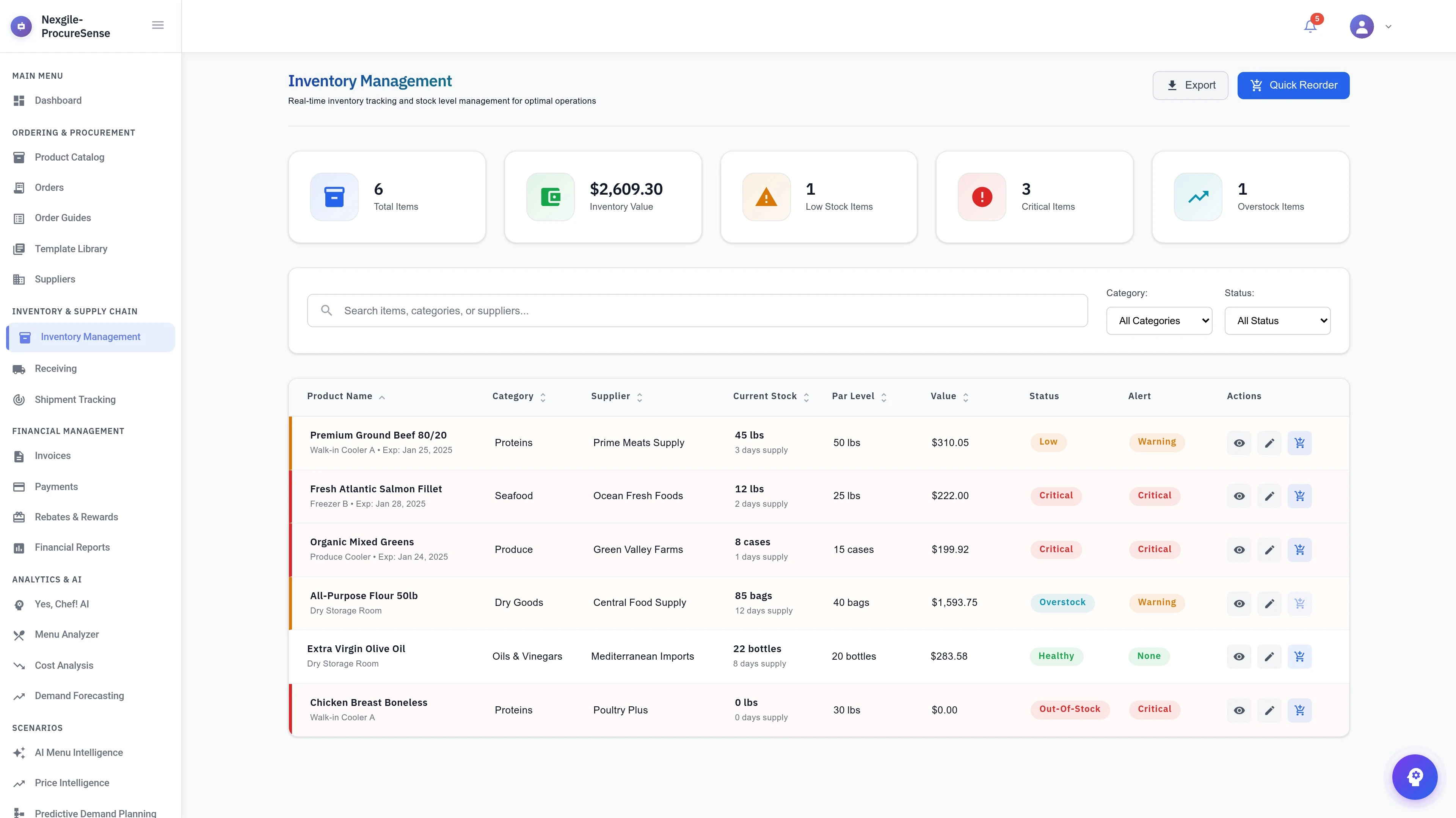 Illustrative preview (sample data, not verified outcomes): Inventory Management View - Nexgile-ProcureSense Nexus Platform