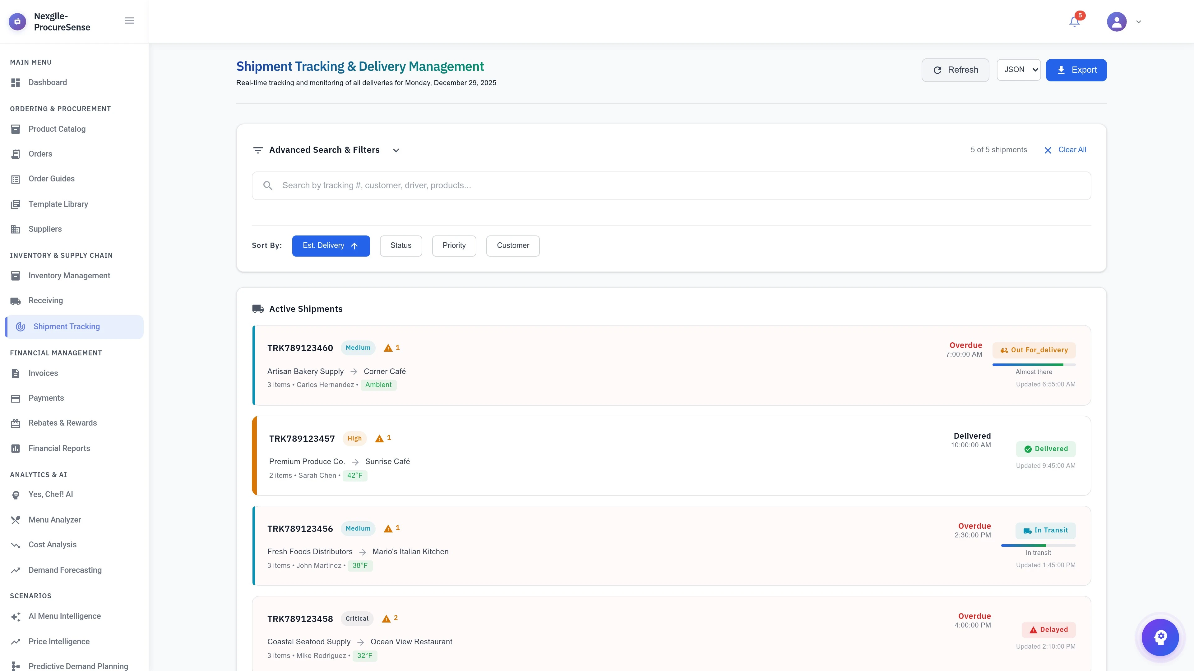 Illustrative preview (sample data, not verified outcomes): Real-Time Shipment Tracking - Nexgile-ProcureSense Nexus Platform
