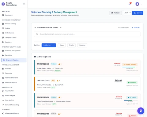 Illustrative preview (sample data, not verified outcomes): Real-Time Shipment Tracking - Nexgile-ProcureSense Nexus Platform