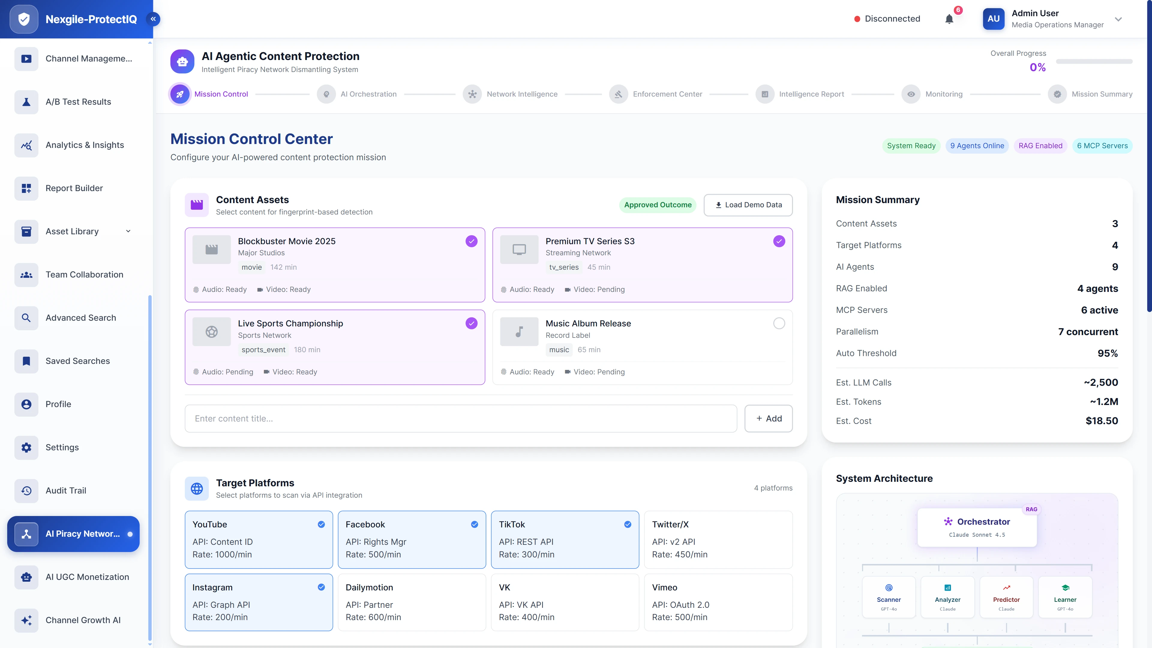 Illustrative preview (sample data, not verified outcomes): Mission Control Center for configuring AI-powered content protection with content assets, target platforms, and multi-agent system architecture