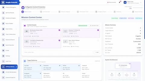 Illustrative preview (sample data, not verified outcomes): Mission Control Center for configuring AI-powered content protection with content assets, target platforms, and multi-agent system architecture