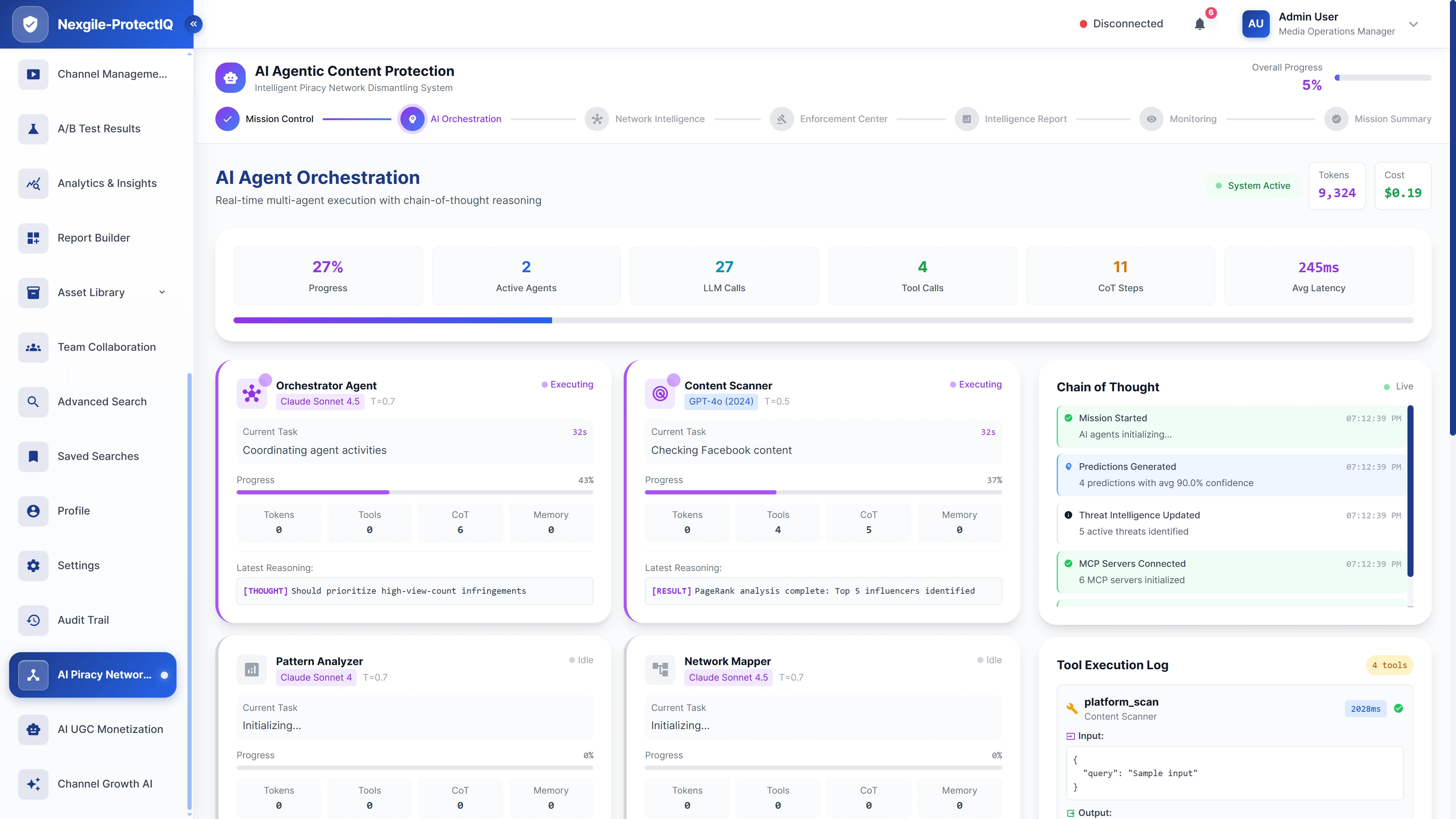 Illustrative preview (sample data, not verified outcomes): Real-time AI agent orchestration dashboard showing multi-agent execution, chain-of-thought reasoning, and tool execution logs