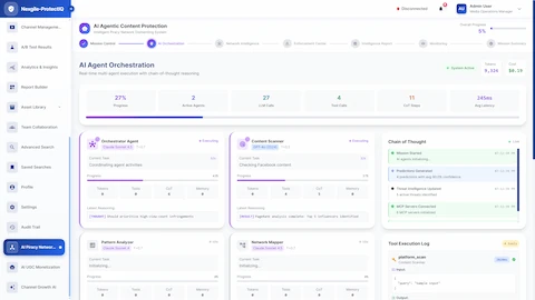 Illustrative preview (sample data, not verified outcomes): Real-time AI agent orchestration dashboard showing multi-agent execution, chain-of-thought reasoning, and tool execution logs