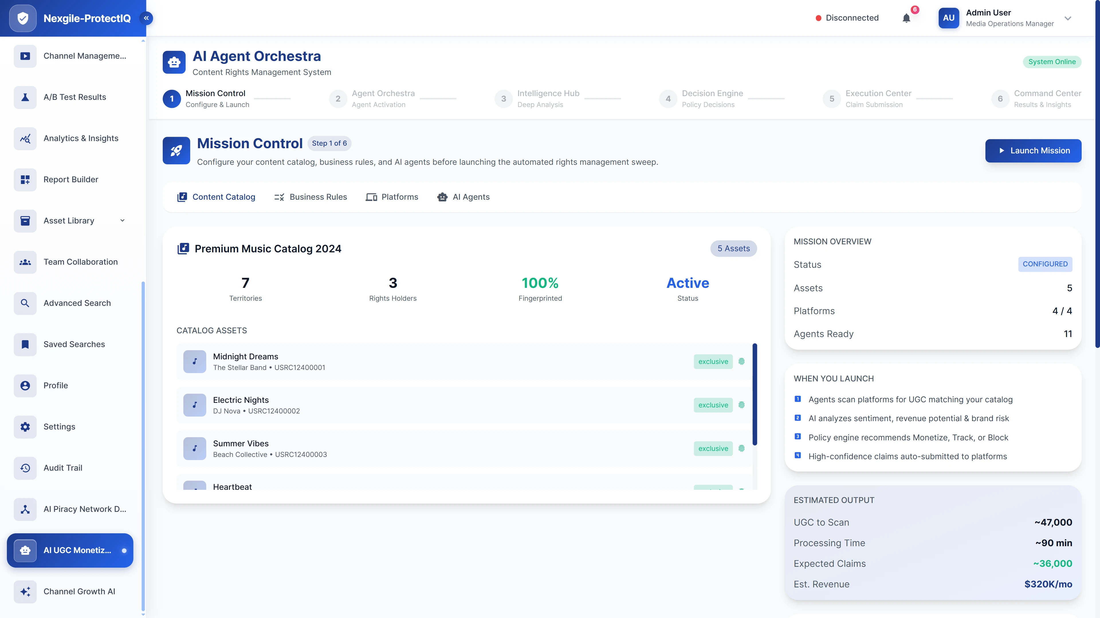 Illustrative preview (sample data, not verified outcomes): Mission Control configuration for content rights management showing music catalog setup, business rules, and estimated UGC processing output