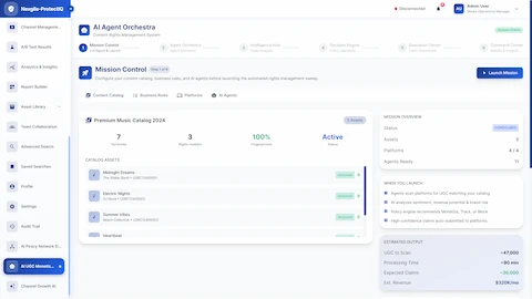 Illustrative preview (sample data, not verified outcomes): Mission Control configuration for content rights management showing music catalog setup, business rules, and estimated UGC processing output