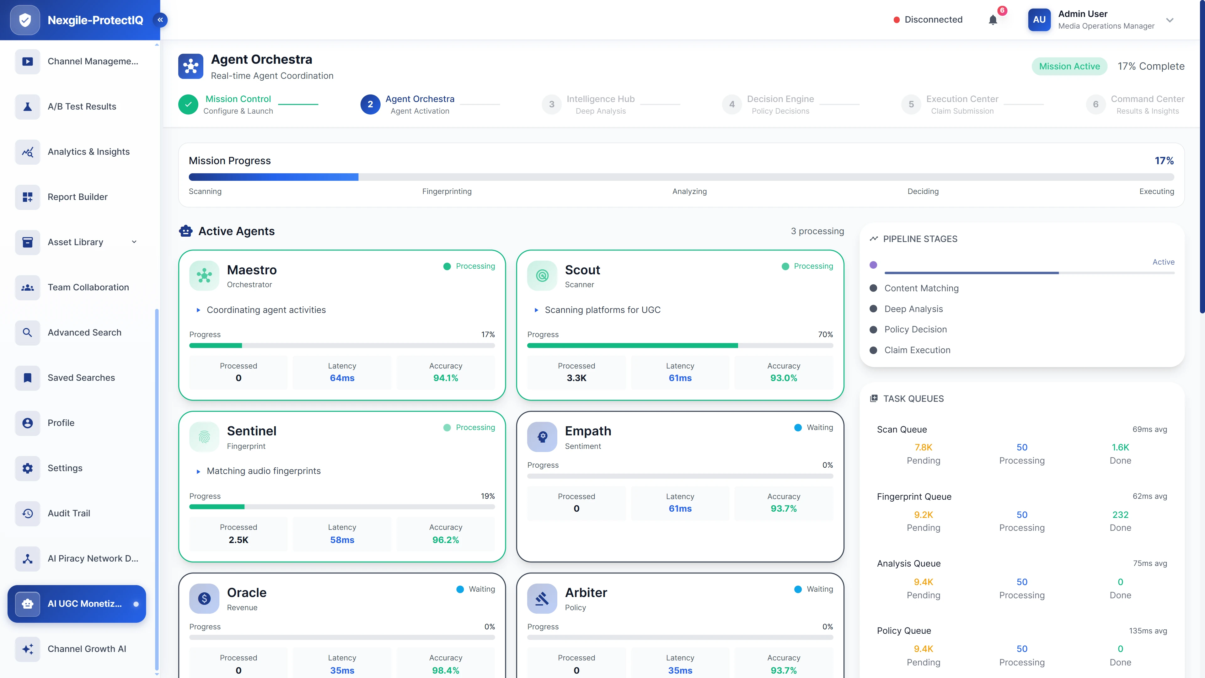 Illustrative preview (sample data, not verified outcomes): Real-time agent coordination displaying active agents with processing pipeline stages, task queues, and performance metrics