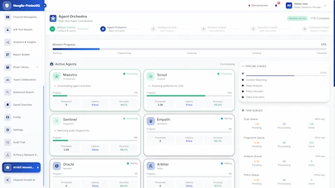 Illustrative preview (sample data, not verified outcomes): Real-time agent coordination displaying active agents with processing pipeline stages, task queues, and performance metrics