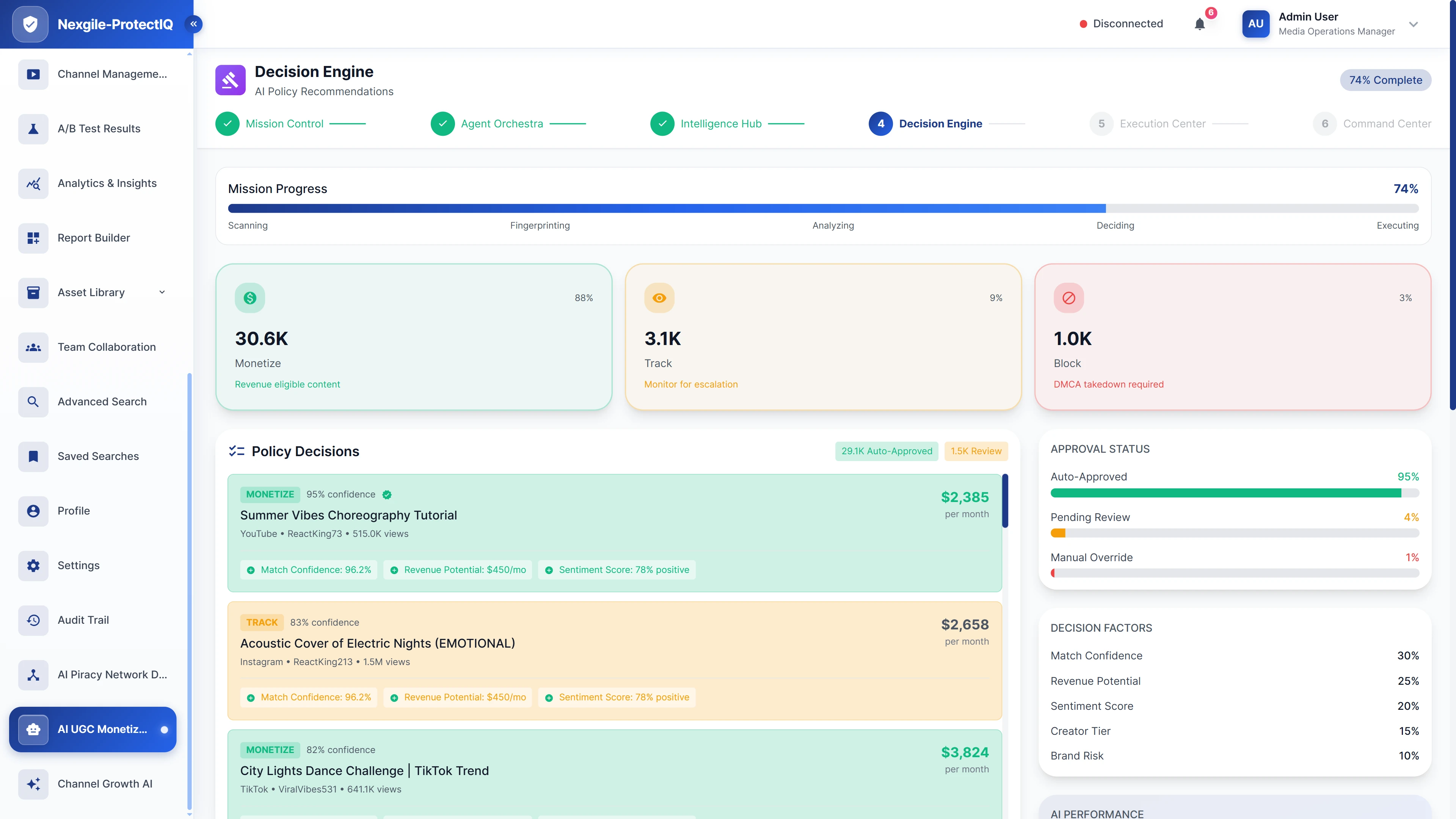 Illustrative preview (sample data, not verified outcomes): AI-powered Decision Engine showing policy recommendations with confidence scores, revenue potential, and sentiment analysis