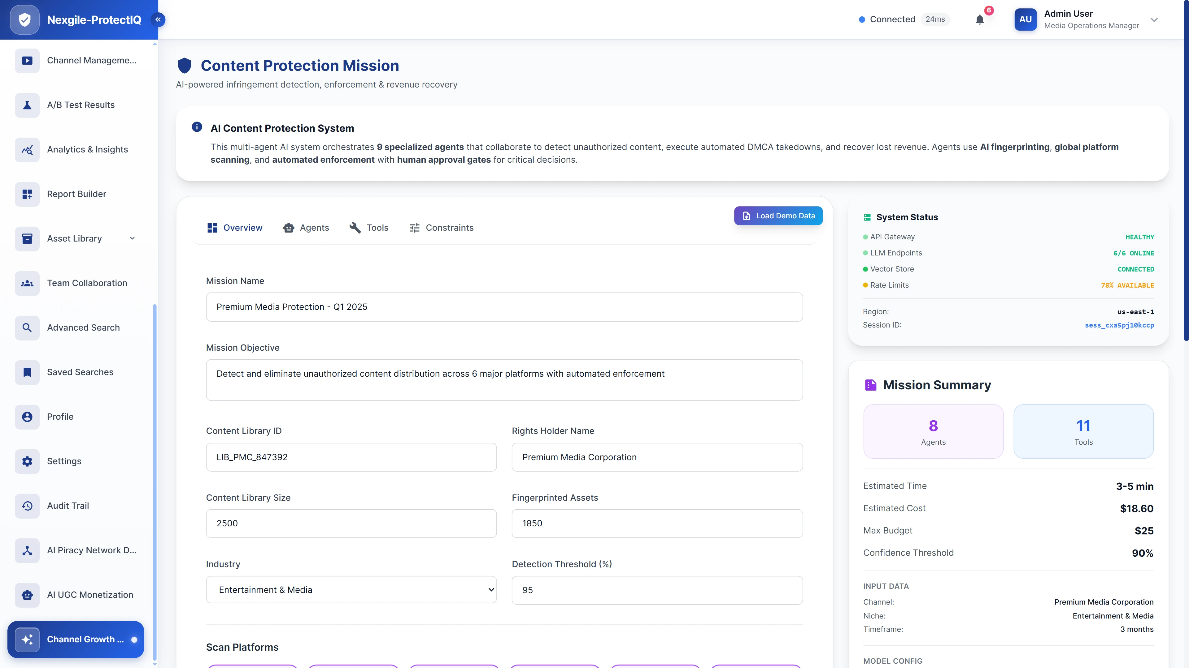 Illustrative preview (sample data, not verified outcomes): Content protection mission configuration interface with system setup, content library parameters, and multi-agent system overview