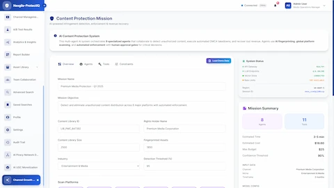 Illustrative preview (sample data, not verified outcomes): Content protection mission configuration interface with system setup, content library parameters, and multi-agent system overview