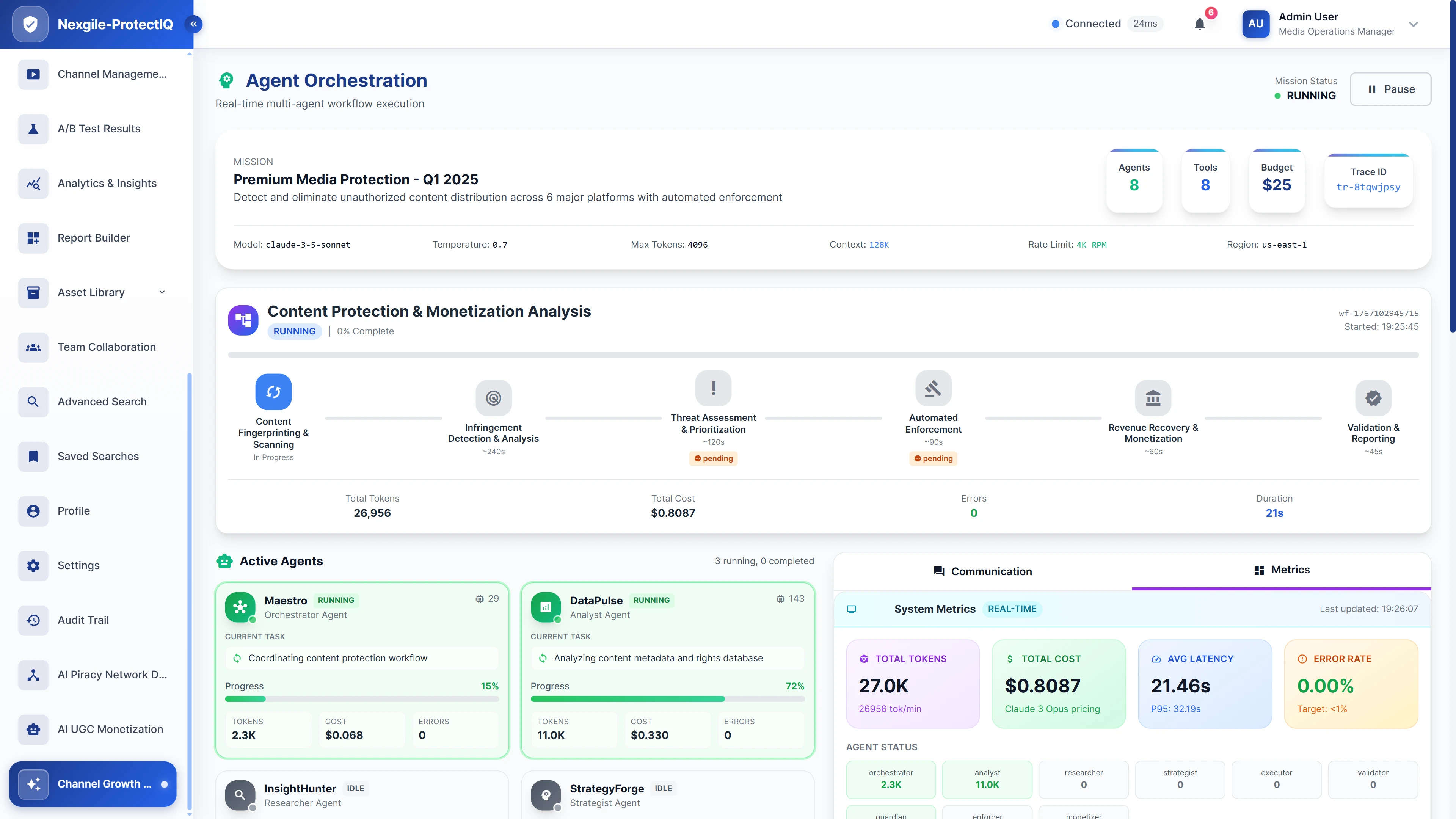 Illustrative preview (sample data, not verified outcomes): Agent orchestration dashboard showing real-time workflow execution with active agents, system metrics, and LLM performance tracking