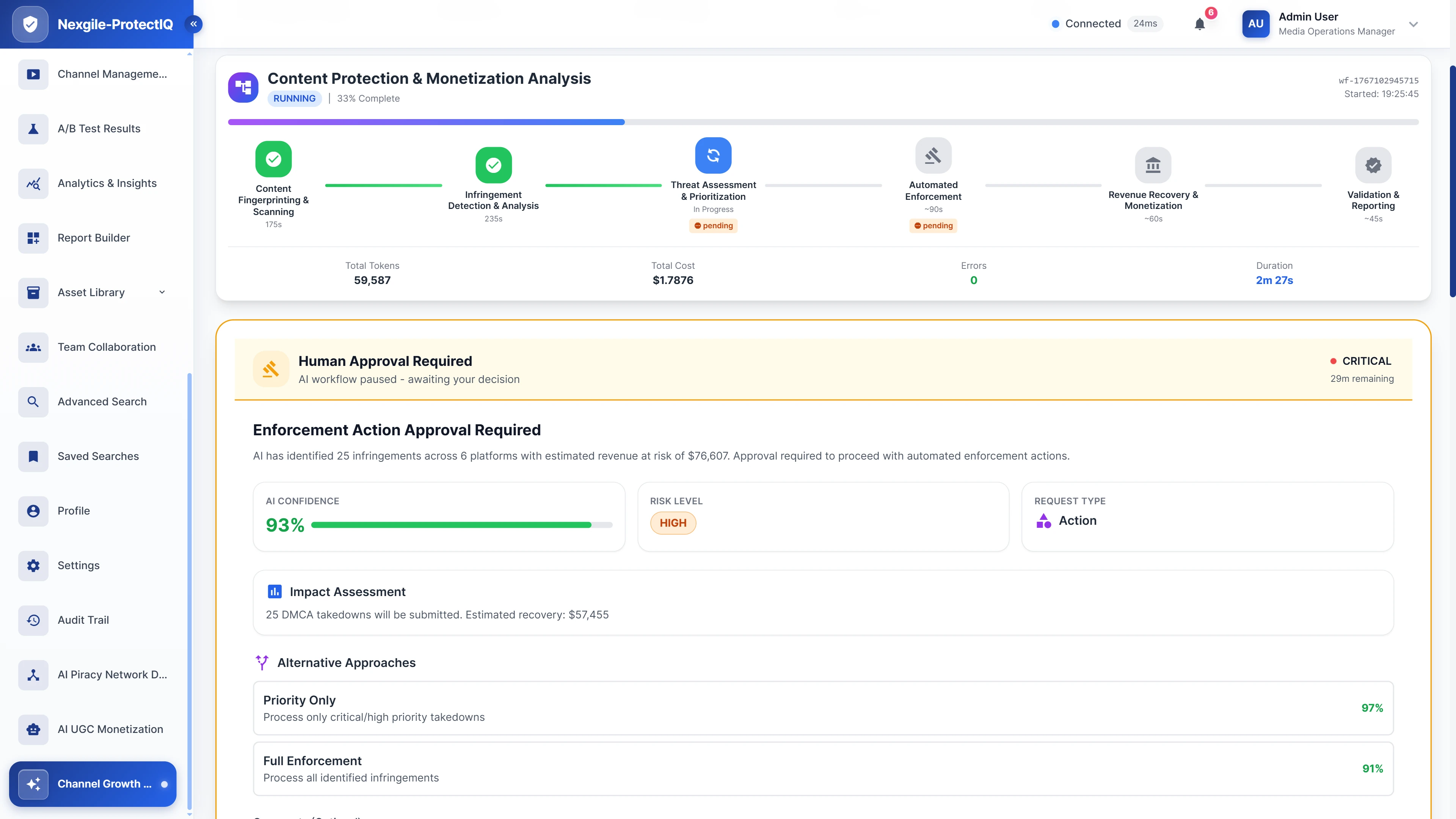 Illustrative preview (sample data, not verified outcomes): Human-in-the-loop approval gate displaying enforcement decision with AI confidence, risk assessment, and alternative strategies