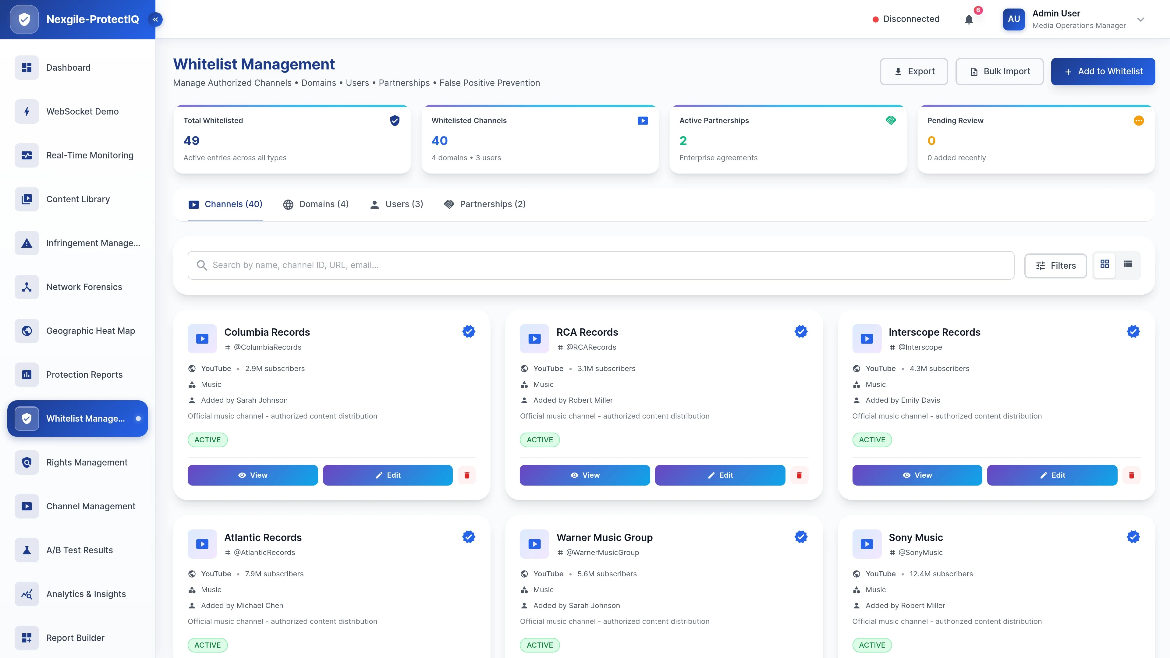 Illustrative preview (sample data, not verified outcomes): white-list Management Interface