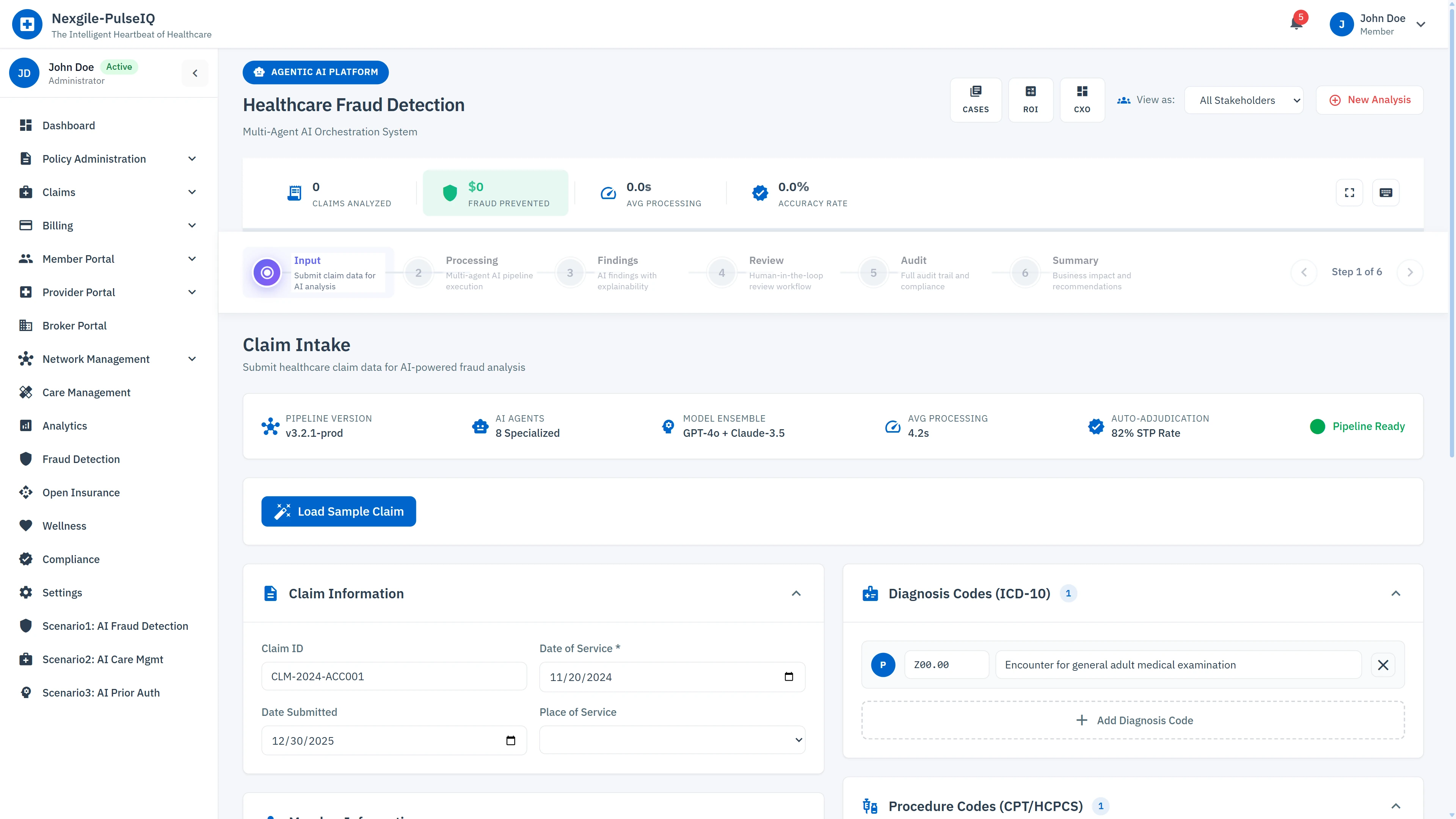 Illustrative preview (sample data, not verified outcomes): Claim Intake - Submit healthcare claim data for AI-powered fraud analysis with 8 specialized agents