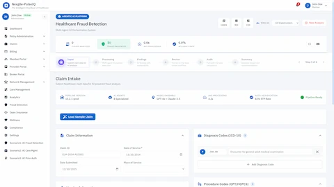 Illustrative preview (sample data, not verified outcomes): Claim Intake - Submit healthcare claim data for AI-powered fraud analysis with 8 specialized agents