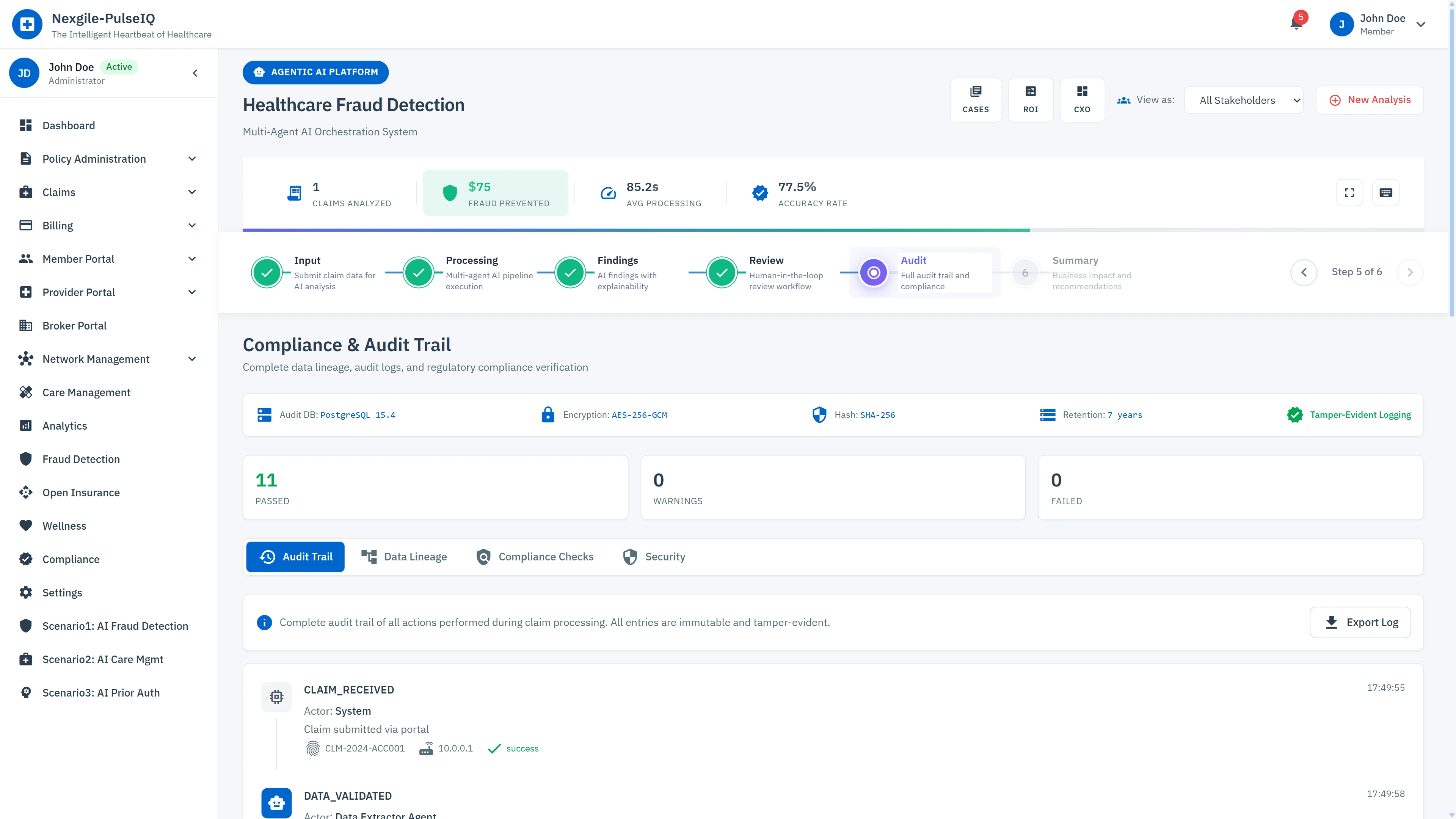Illustrative preview (sample data, not verified outcomes): Compliance & Audit Trail - Complete audit logging with encryption, tamper-evident records, and regulatory compliance verification