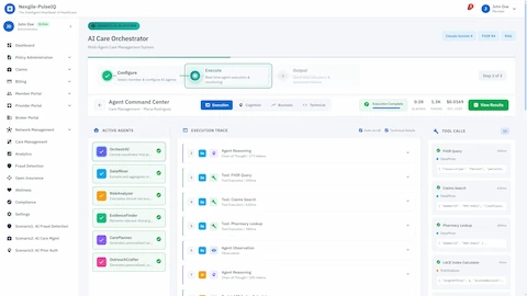 Illustrative preview (sample data, not verified outcomes): Command Center - Real-time agent execution monitoring with live trace of agent reasoning, tool invocations, and data extraction