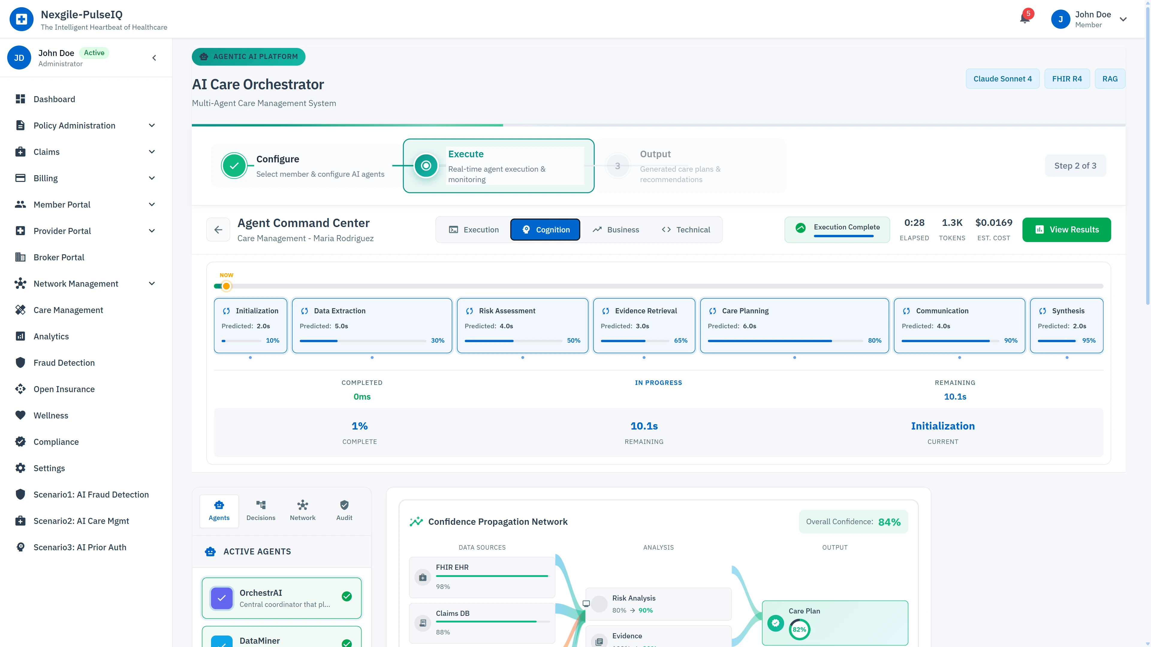 Illustrative preview (sample data, not verified outcomes): Cognition View - Visual pipeline progress tracking through care orchestration stages with confidence propagation network