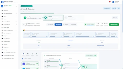 Illustrative preview (sample data, not verified outcomes): Cognition View - Visual pipeline progress tracking through care orchestration stages with confidence propagation network