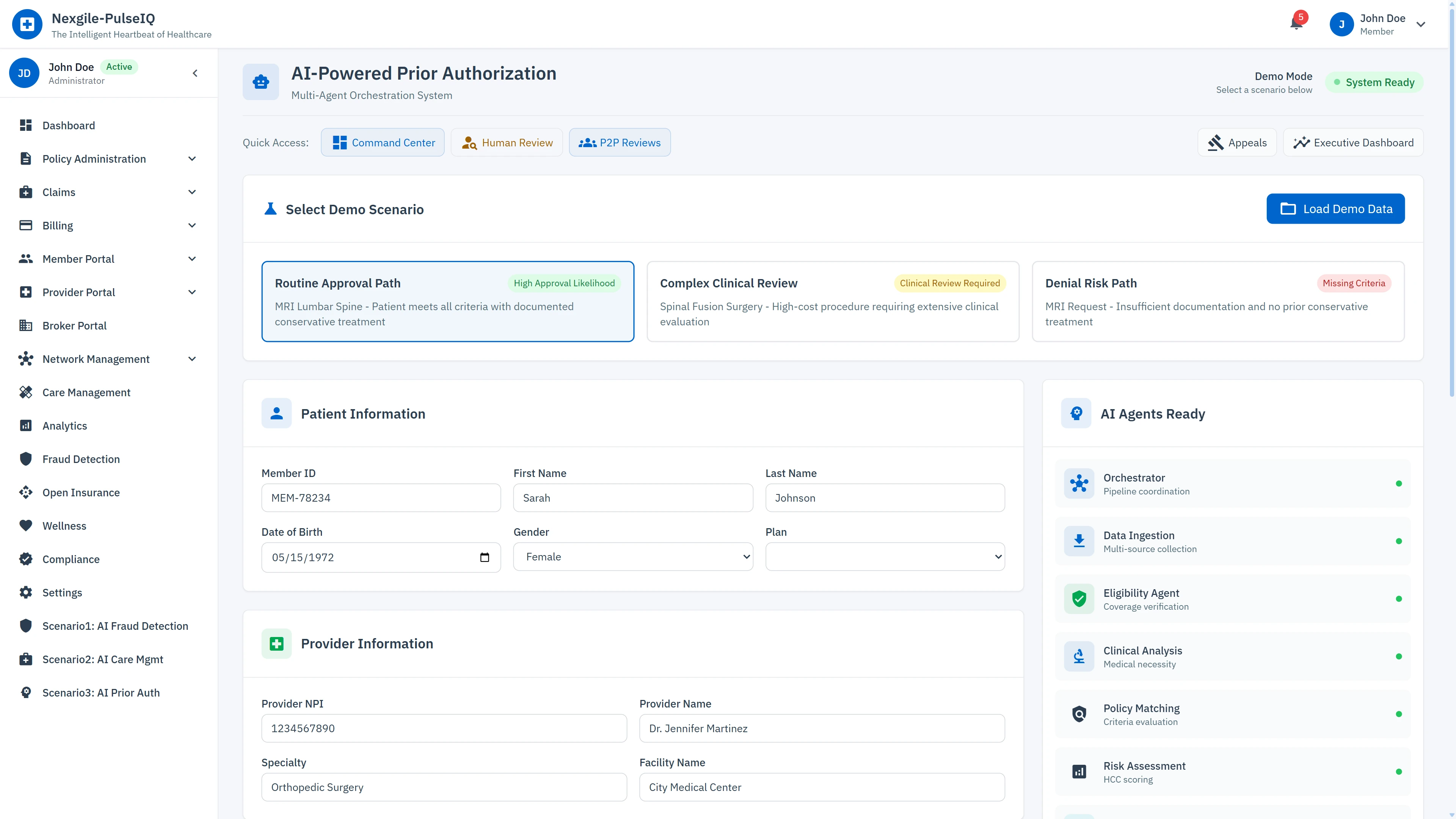Illustrative preview (sample data, not verified outcomes): Demo Scenario Selection - Choose from pre-configured authorization scenarios including routine approvals, complex clinical reviews, and denial risk cases