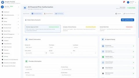 Illustrative preview (sample data, not verified outcomes): Demo Scenario Selection - Choose from pre-configured authorization scenarios including routine approvals, complex clinical reviews, and denial risk cases