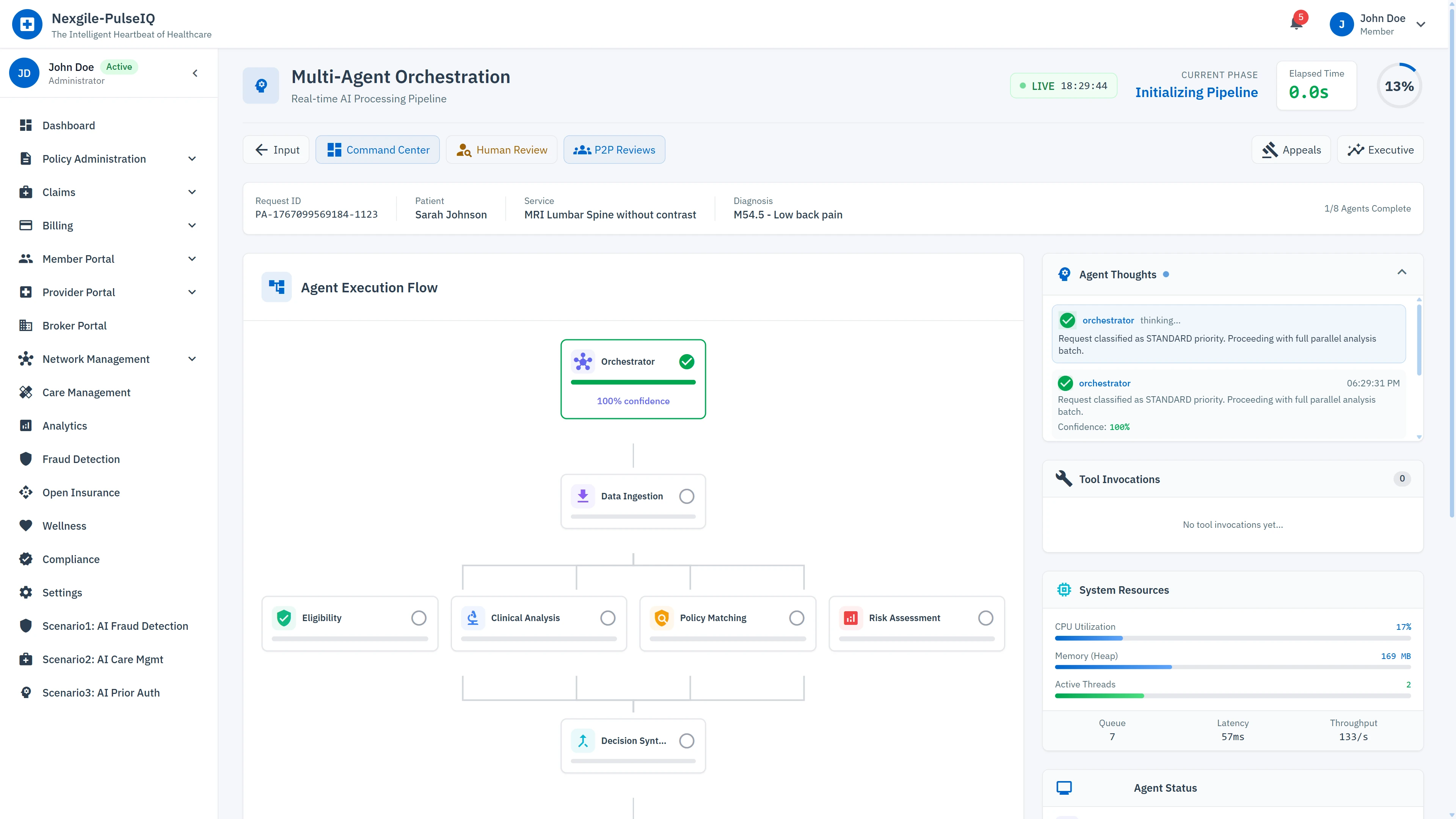 Illustrative preview (sample data, not verified outcomes): Multi-Agent Orchestration - Real-time visualization of parallel agent execution flow with live system metrics and agent status tracking