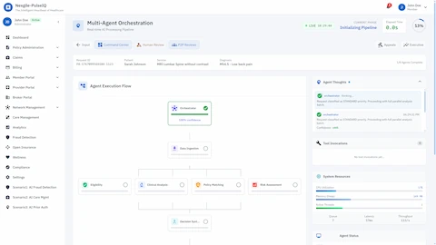 Illustrative preview (sample data, not verified outcomes): Multi-Agent Orchestration - Real-time visualization of parallel agent execution flow with live system metrics and agent status tracking