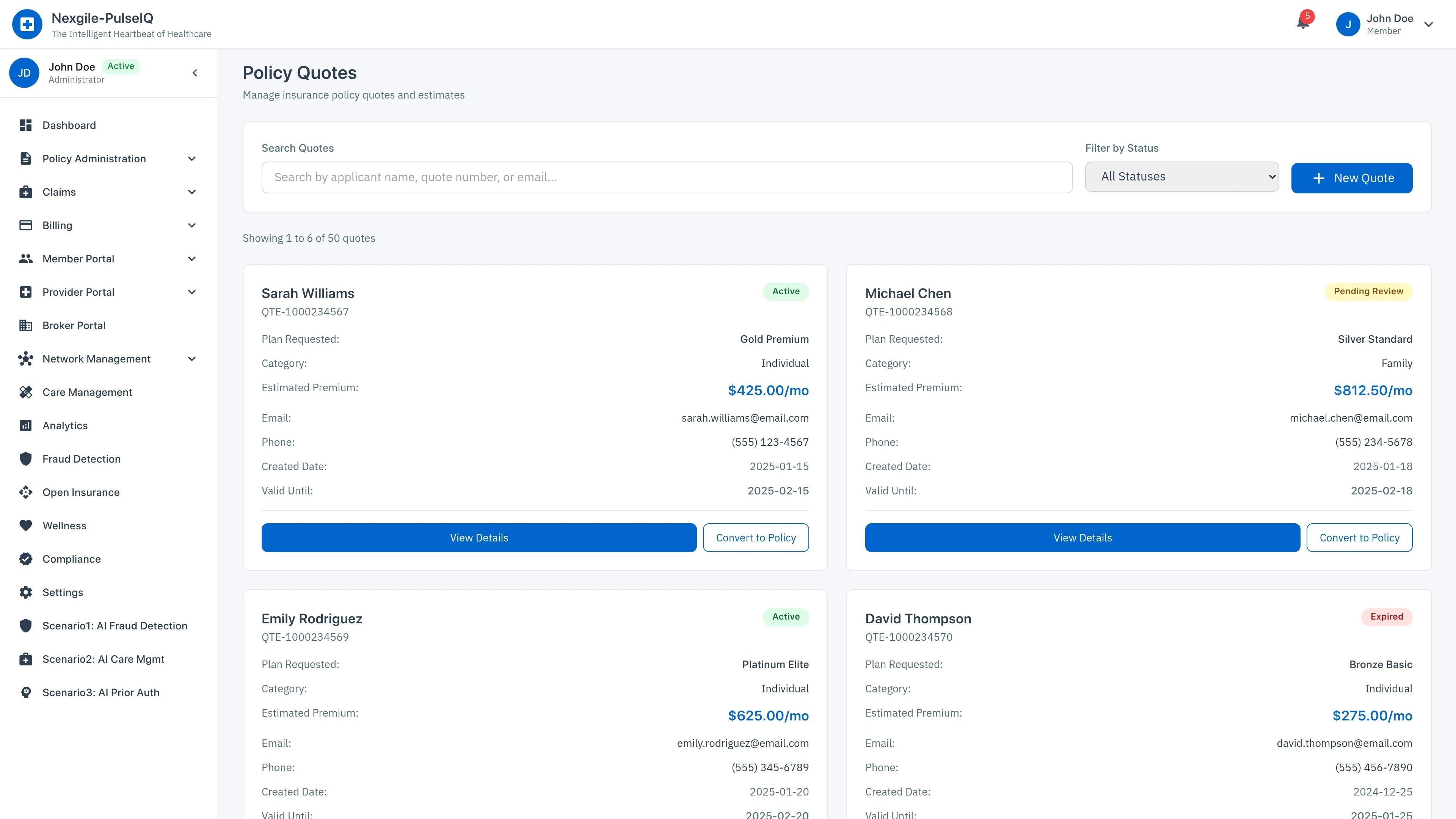 Illustrative preview (sample data, not verified outcomes): Policy Admin - Quotes Page