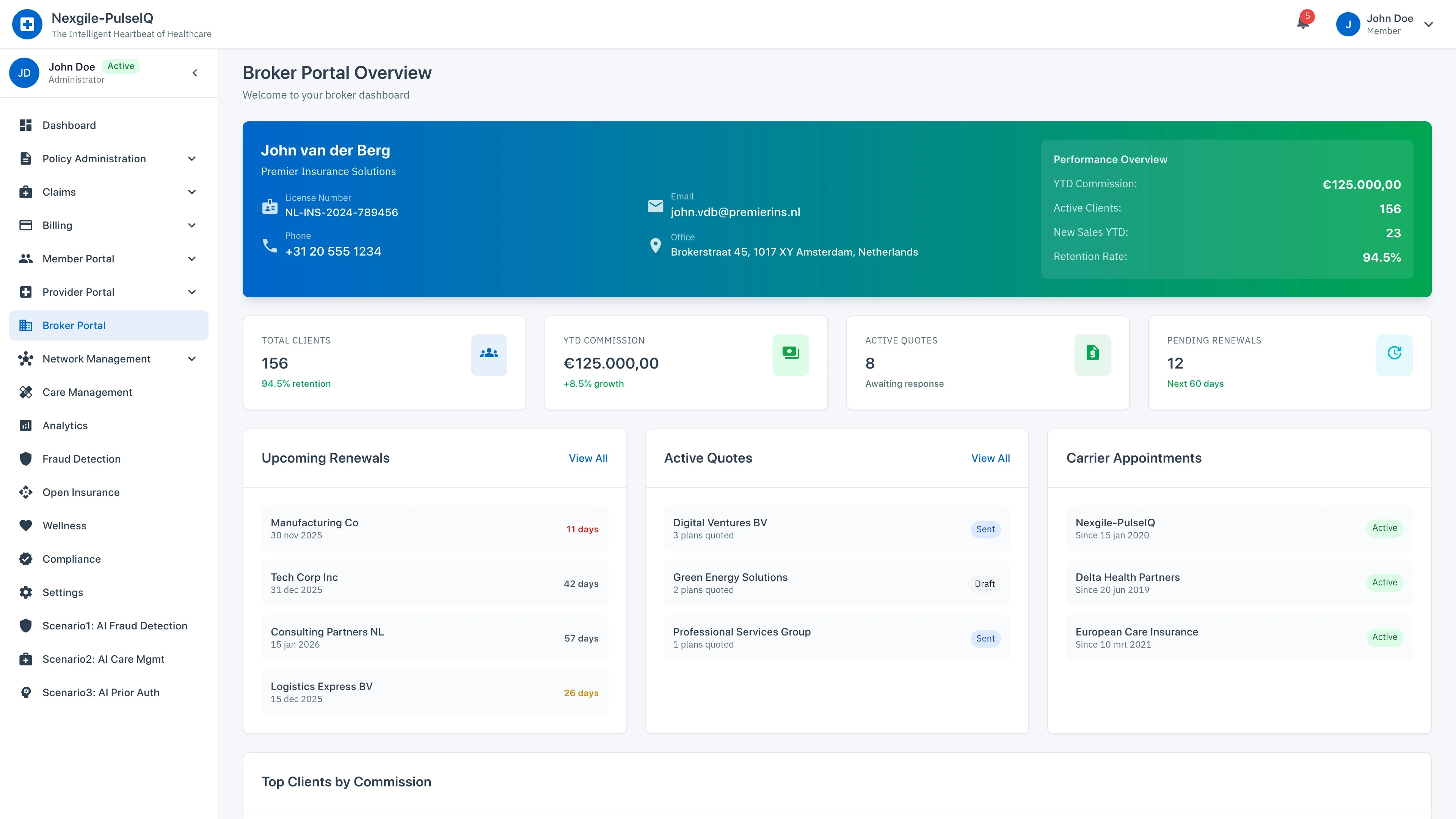 Illustrative preview (sample data, not verified outcomes): Broker Portal Overview - Dashboard displaying comprehensive broker analytics and management tools